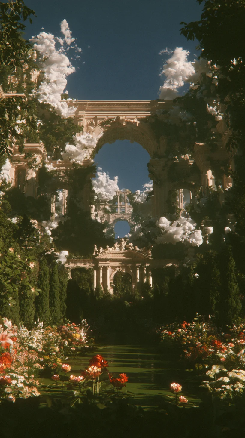 Foliage and flowers enveloping monumental architecture