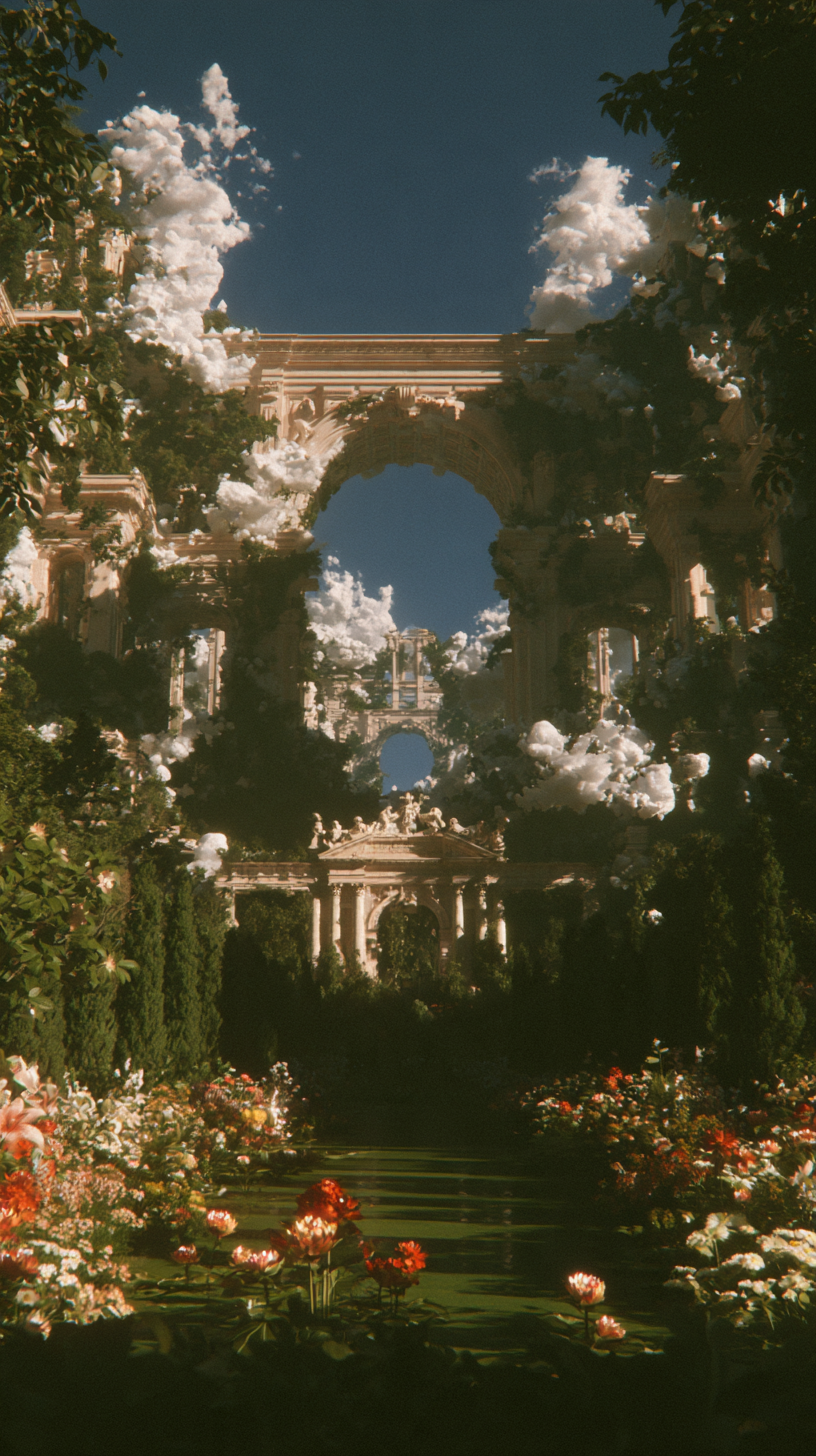 A monumental garden arch surrounded by clouds and flowers