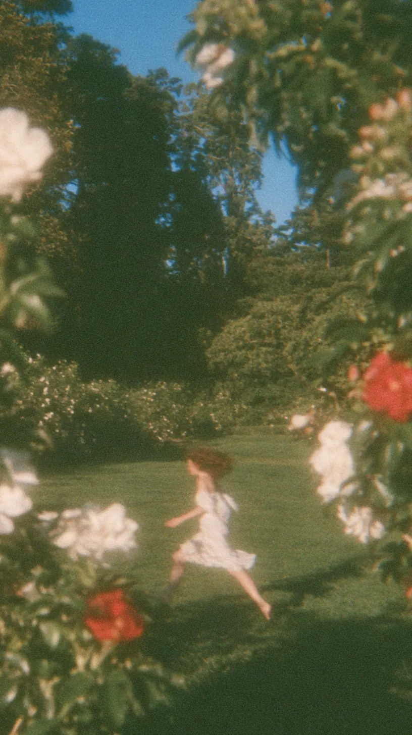 A dreamlike figure running across a garden lawn