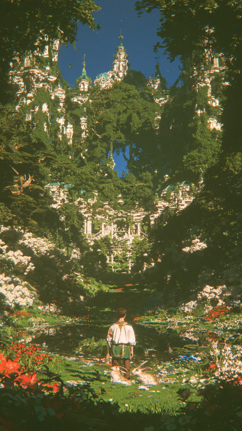 A figure and two rabbits in a surreal green garden