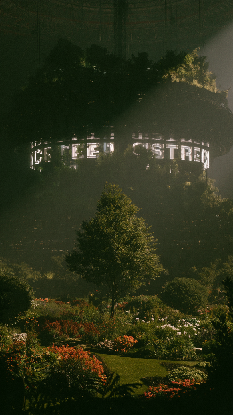 A futuristic green city garden beneath a dramatic structure