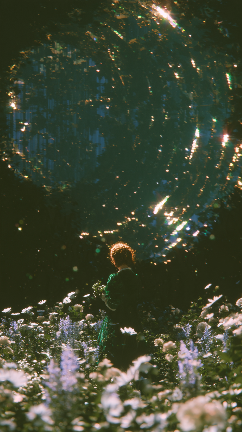 A person standing in flowers under dappled light