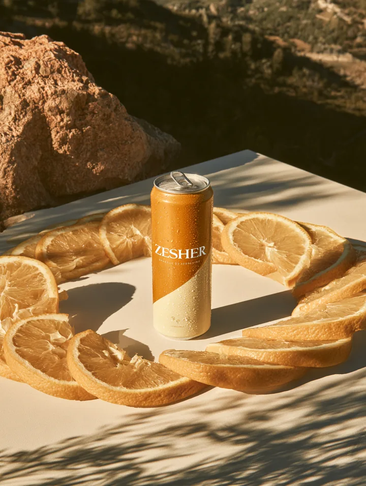 An orange beverage can surrounded by orange slices on sunlit stone
