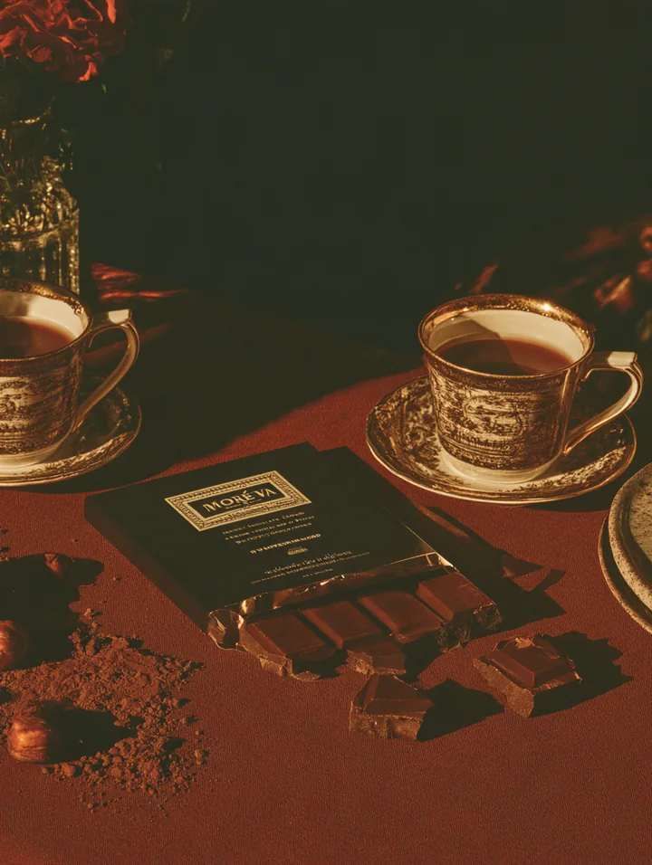 Dark chocolate and gilded tea cups on a deep red table in warm low light