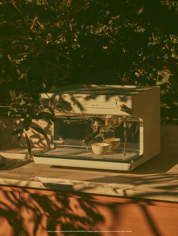 A cream and chrome espresso machine making coffee in a sunlit garden kitchen