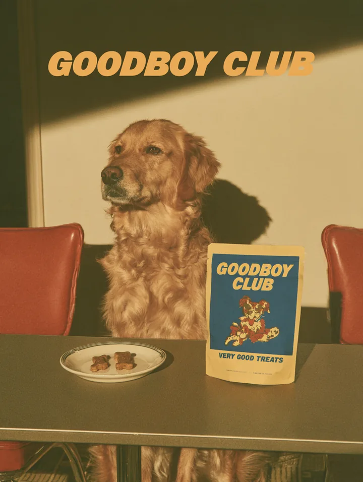 A golden retriever seated at a retro diner table beside a Goodboy Club dog treat bag