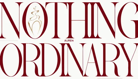 AUREN luxury typography design with oversized burgundy Nothing Ordinary lettering and a fine gold perfume illustration