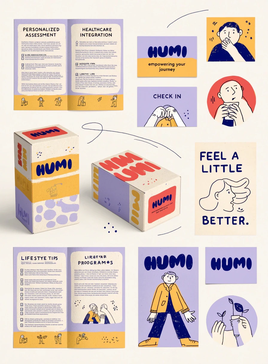 HUMI visual identity with lilac and yellow packaging, hand-drawn people and friendly navy lettering