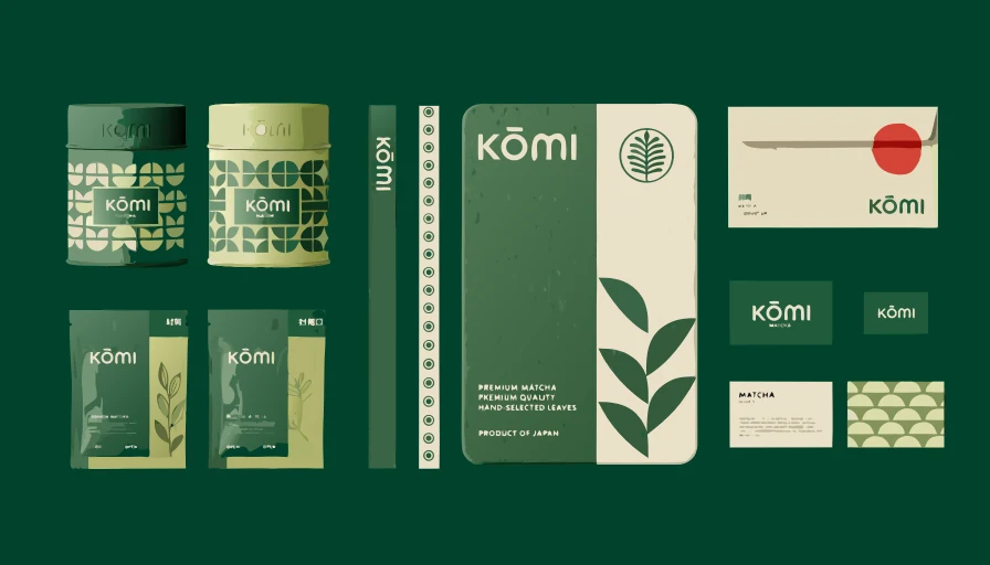 Komi matcha visual identity with green and cream tins, pouches, botanical patterns and stationery