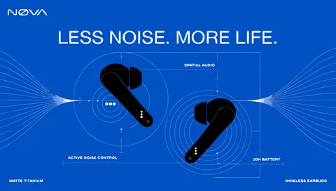 Nova wireless earbuds graphic in electric blue with white type, black earbuds and fine sound-wave diagrams