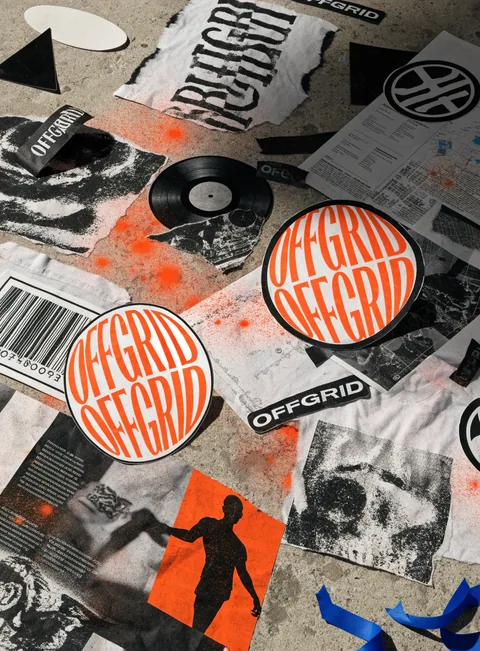 OFFGRID underground music identity with black and white print textures, a vinyl record and vivid orange circular typography